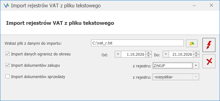 Okno Import rejestrów VAT z pliku tekstowego