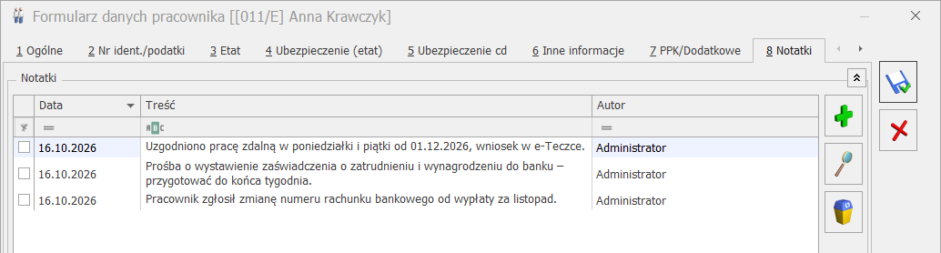 Formularz danych pracownika – zakładka [Notatki] z listą notatek