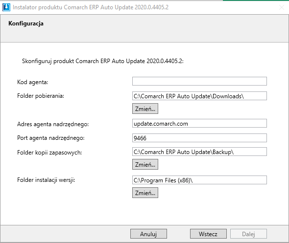 Okno konfiguracji Comarch ERP Auto Update 