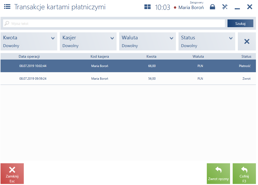 Lista transakcji kartami płatniczymi