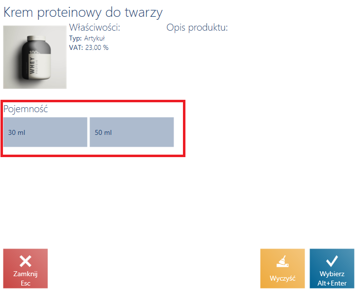 Okno wyboru cechy/właściwości artykułu powiązanego