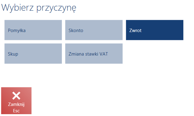 Okno Wybierz przyczynę