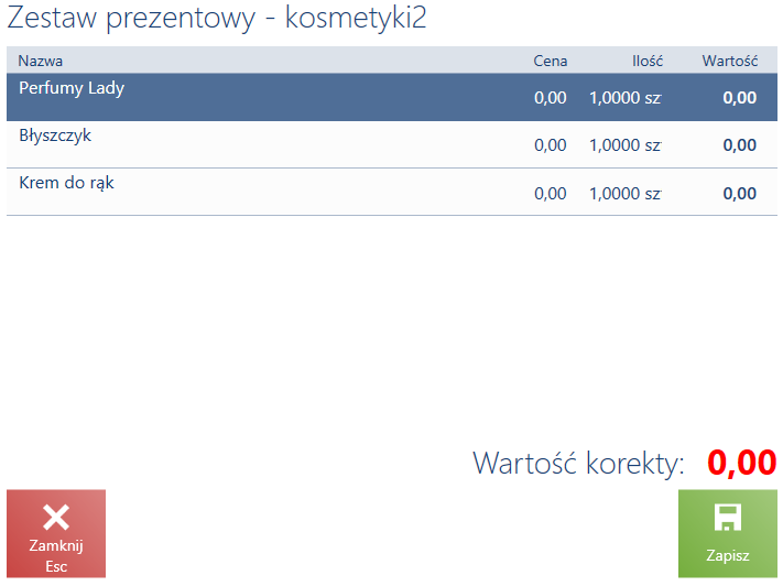 Okno wyboru korygowanego elementu kompletu