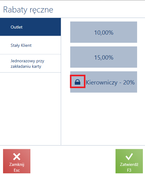 Okno Rabaty ręczne z prezentacją ikony kłódki