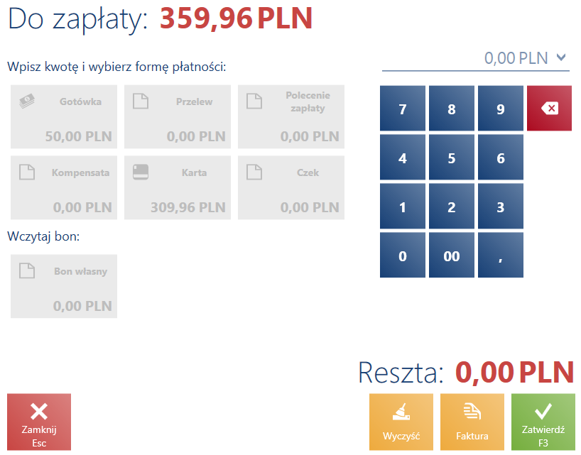 Okno płatności z przypisanymi formami płatności Gotówka oraz Karta