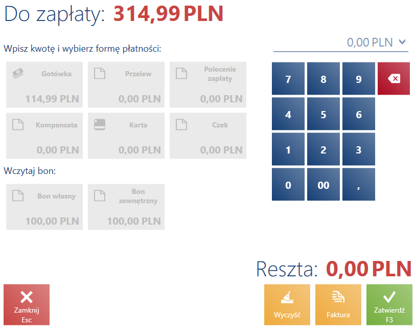 Okno płatności z rozliczoną kwotą przy pomocy bonów