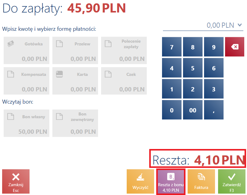 Prezentowana reszta z bonu na przycisku w oknie płatności