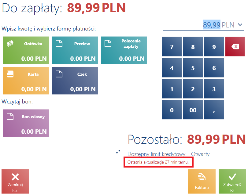 Informacja o ostatniej aktualizacji dla limitu kredytowego