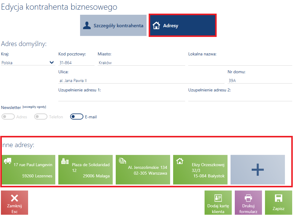 Zakładka Adresy, w oknie Edycja kontrahenta biznesowego