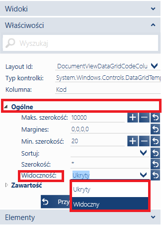 Widoczność we właściwościach Ogólne dla widoku Dokument paragonu