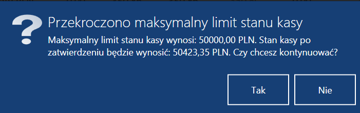 Komunikat w przypadku próby przekroczenia maksymalnego limitu stanu kasy