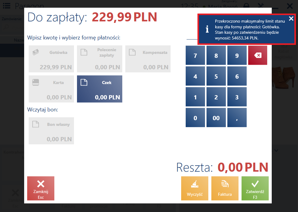 Ostrzeżenie w przypadku przekroczenia maksymalnego limitu stanu kasy