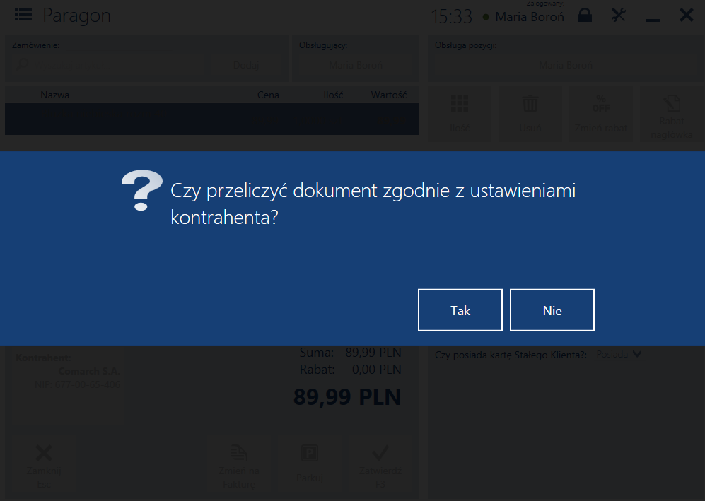 Komunikat dotyczący przeliczenia dokumentu po zmianie kontrahenta