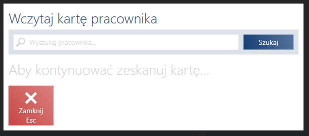 Okno wczytywania karty pracownika obsługującego transakcje