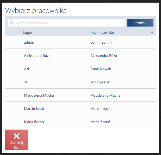 Okno wyboru pracownika obsługującego transakcje