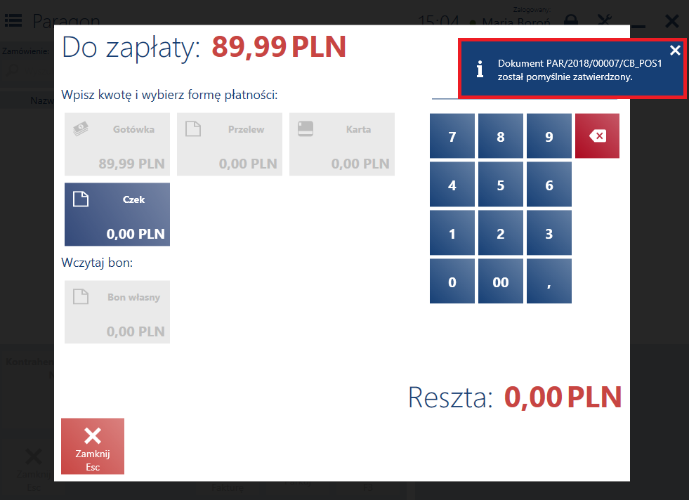 Powiadomienie o zatwierdzeniu paragonu