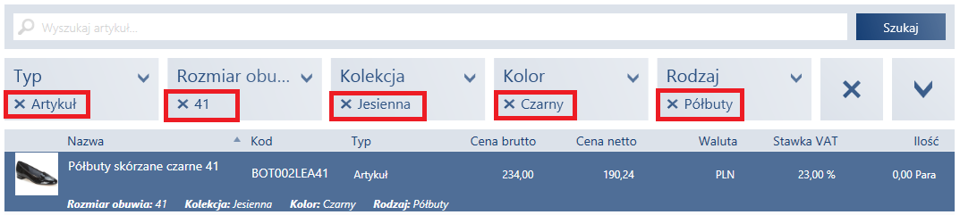 Wybrane wartości filtrów dla czarnych półbutów