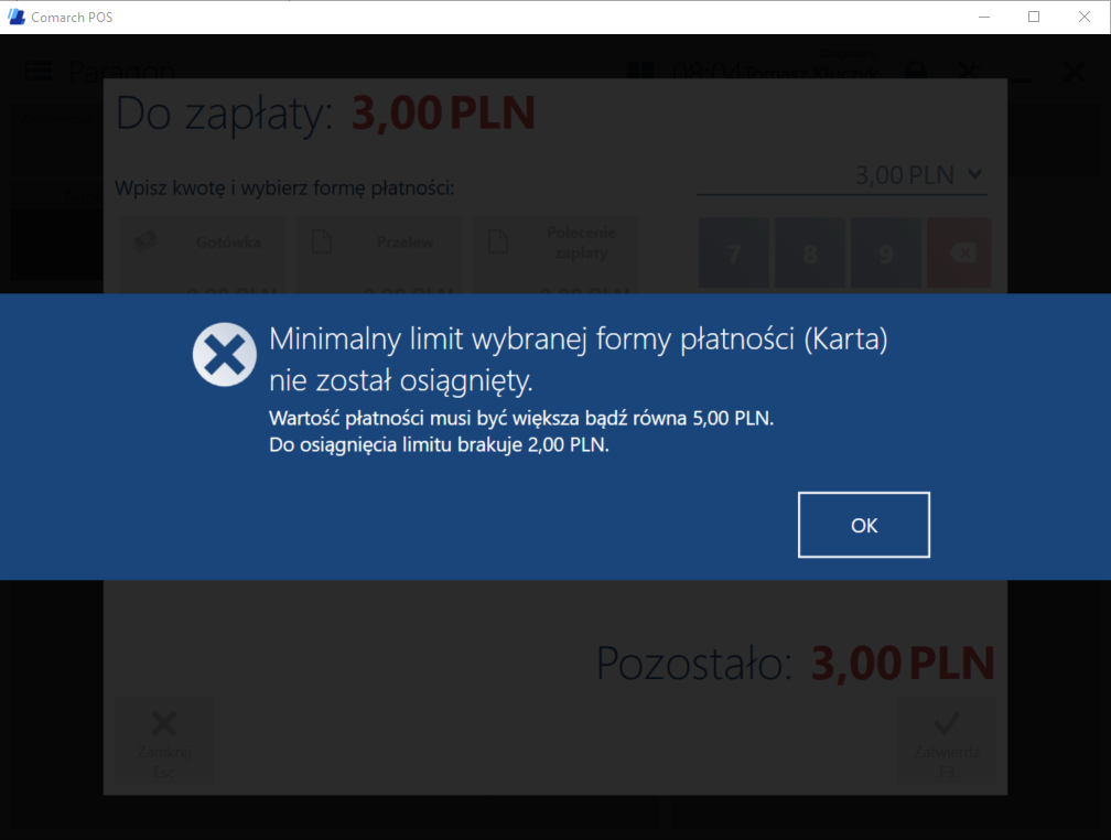 Komunikat przy nieosiągniętym limicie dla formy płatności Karta
