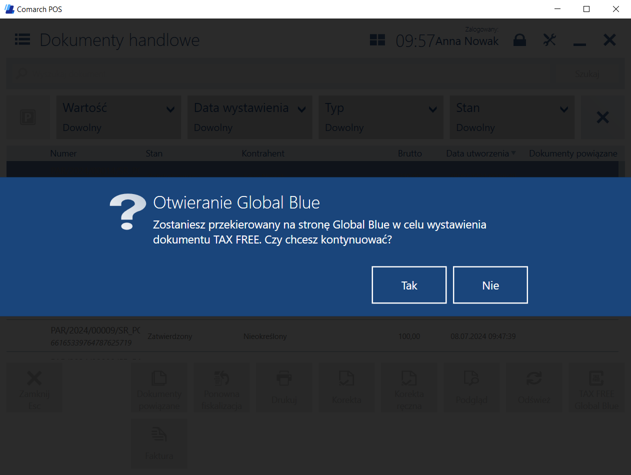 Komunikat widoczny po skorzystaniu z przycisku TAX FREE Global Blue