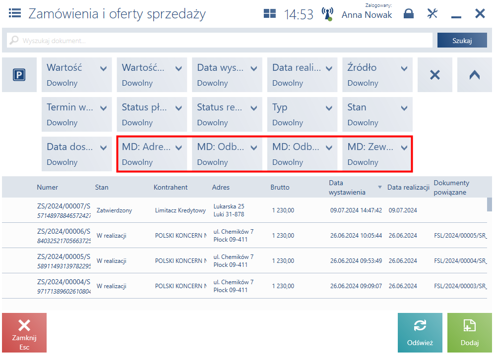 Nowe filtry na liście zamówień sprzedaży
