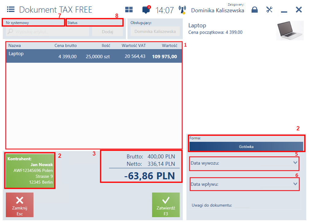 Formularz generowanego TAX FREE
