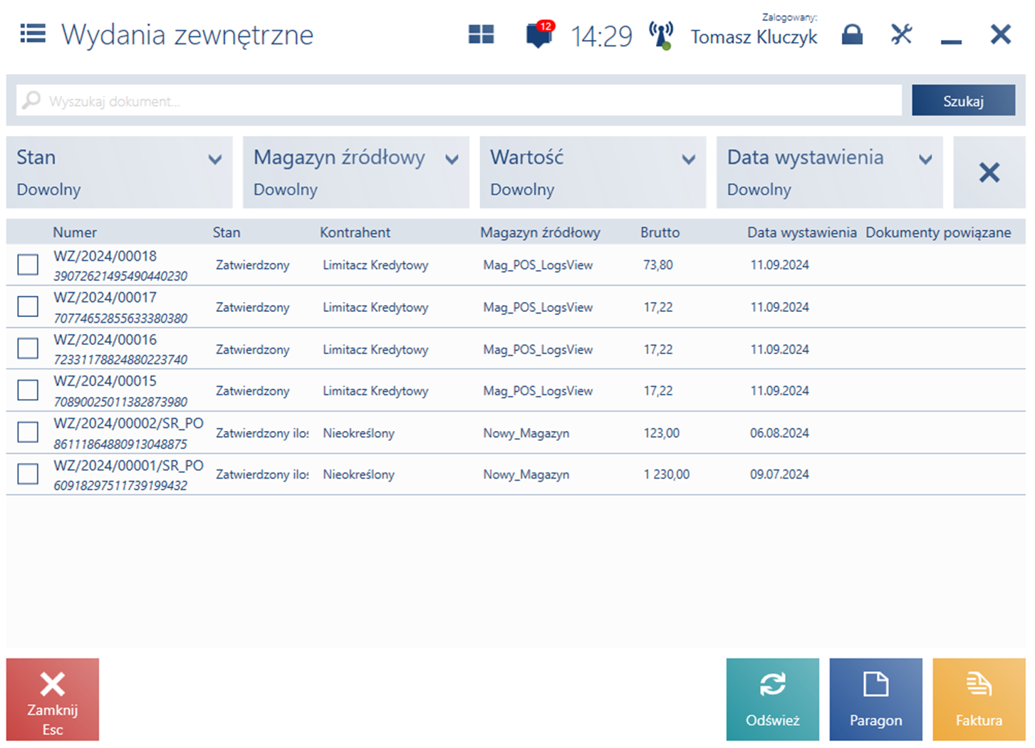 Lista z wyborem dokumentów WZ z których ma zostać wygenerowany PAR lub FS