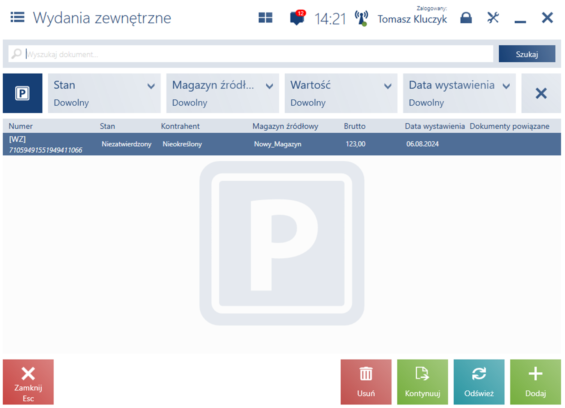 Lista zaparkowanych dokumentów WZ