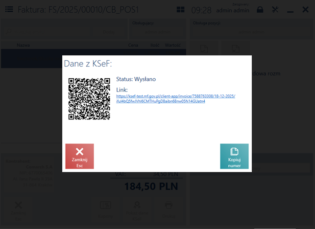 Dane z KSeF dla dokumentu o statusie Wysłano