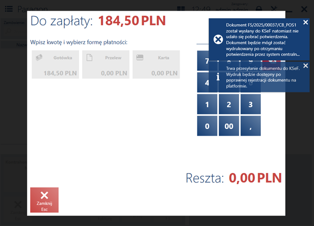 Komunikat informujący o nieudanej próbie pobrania potwierdzenia