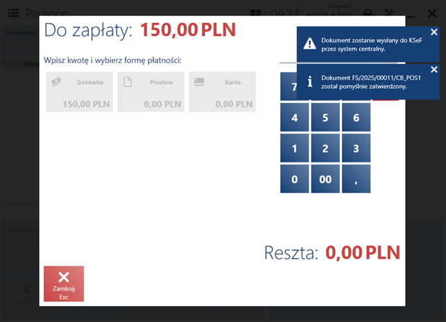 Komunikat prezentowany po zatwierdzeniu dokumentu przy braku połączenia do KseF