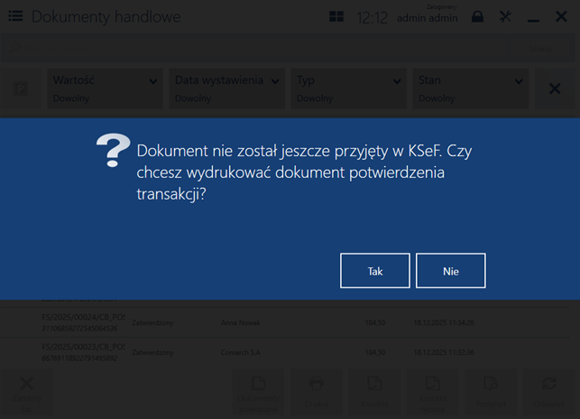 Komunikat pytający czy potwierdzenie transakcji dla faktury, która nie posiada danych UPO, ma zostać wydrukowana