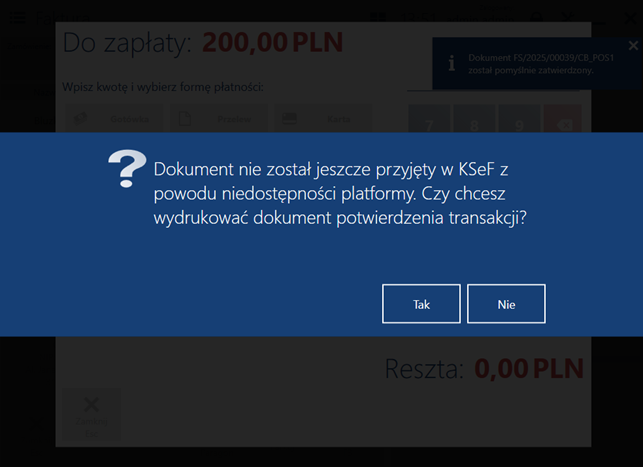 Komunikat pytający czy potwierdzenie transakcji dla faktury niewysłanej do KSeF ma zostać wydrukowane