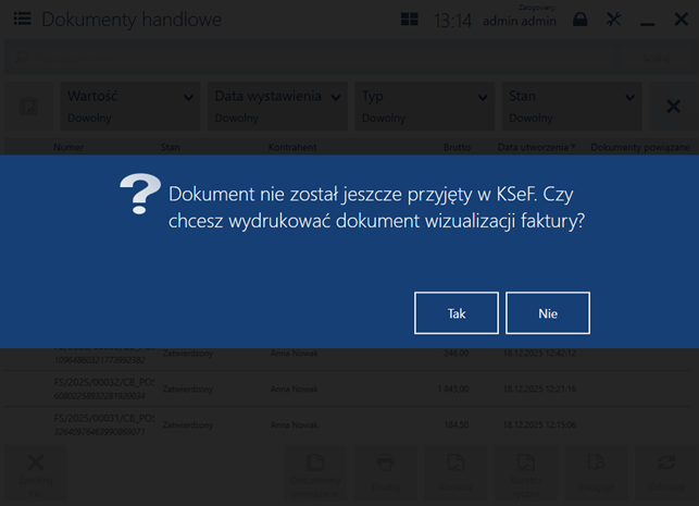Komunikat pytający czy wizualizacja ma zostać wydrukowana