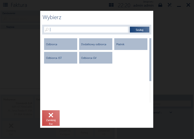 Okno z wyborem roli odbiorcy dla kontrahenta biznesowego