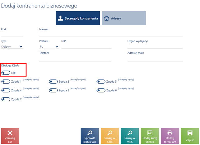 Parametr Obsługa KSeF w widoku edycji szczegółów kontrahenta biznesowego