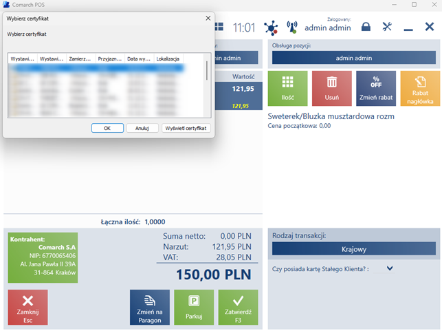 Pierwsze wybranie certyfikatu w trybie offline