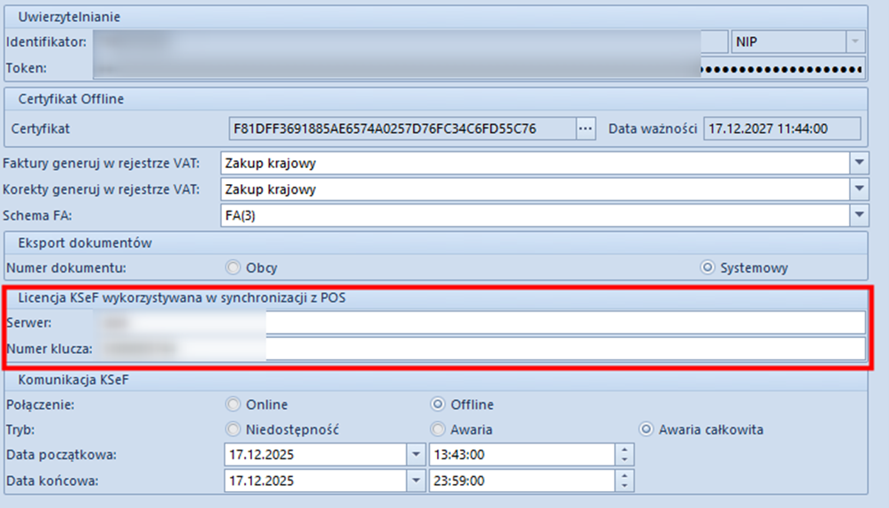 Sekcja Licencja KSeF wykorzystywana do synchronizacji z POS