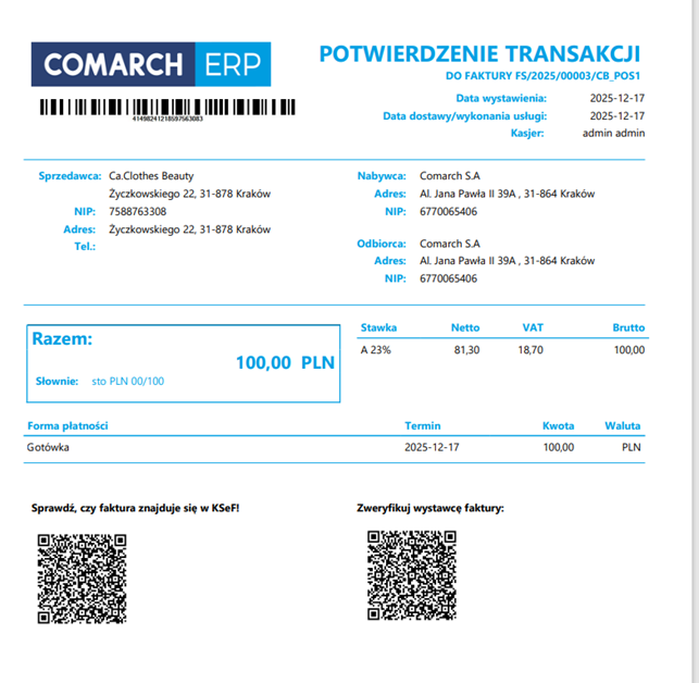 Wydruk potwierdzenia transakcji