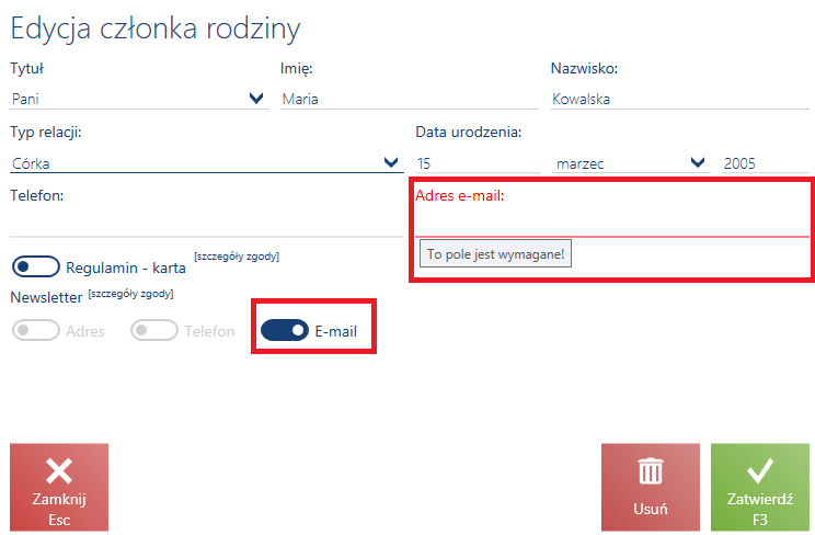 Wymagalność pola Adres e-mail dla wyrażenia zgody dotyczącej kanału komunikacyjnego E-mail