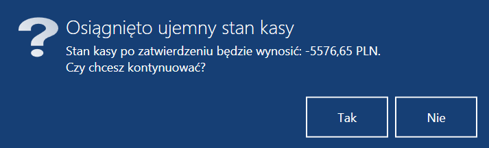 Komunikat w przypadku próby osiągnięcia ujemnego stanu kasy z wymagana autoryzacja