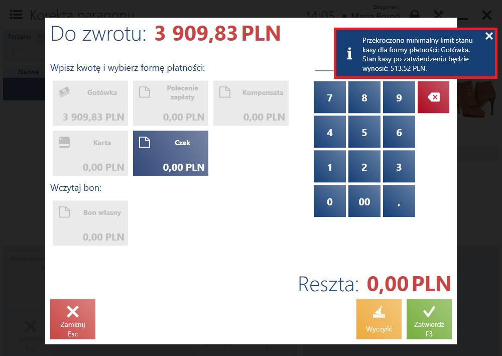 Ostrzeżenie w przypadku przekroczenia minimalnego limitu stanu kasy