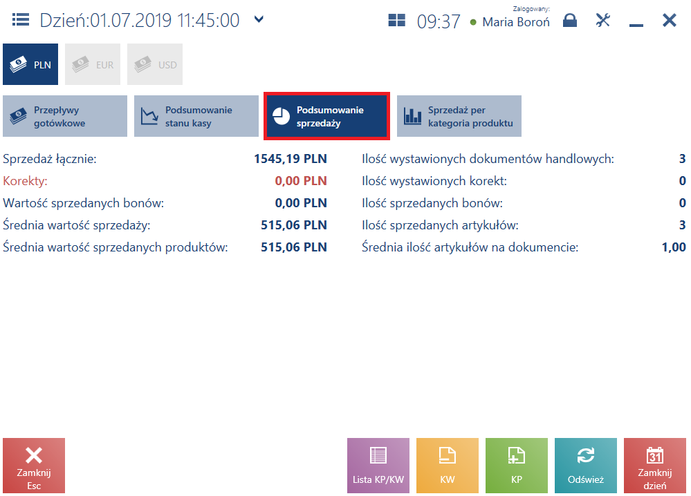 Okno Podsumowanie sprzedaży