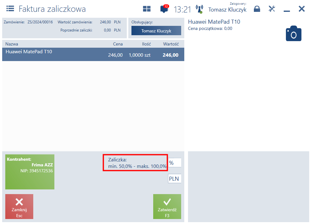 Informacja o przedziale procentowym zaliczki