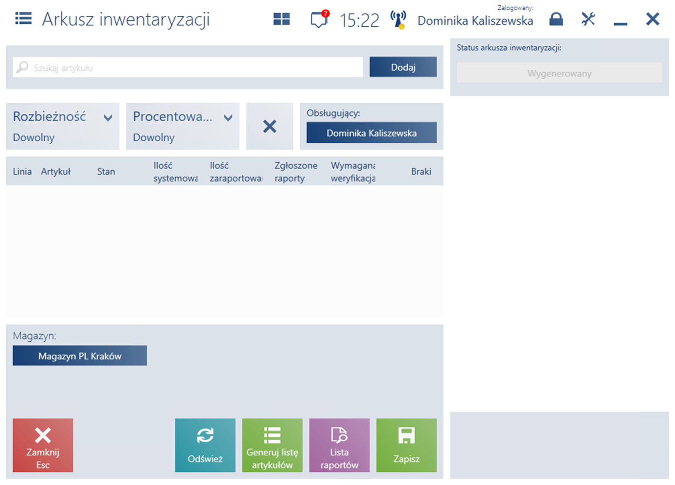Okno nowego arkusza inwentaryzacyjnego
