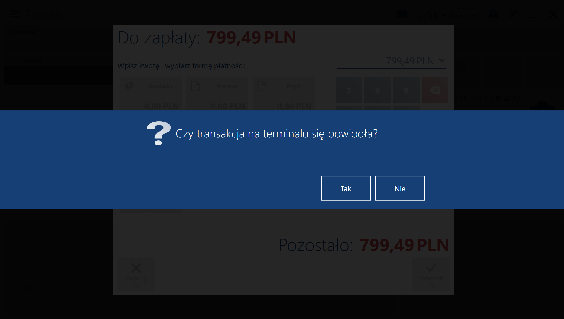 Komunikat po wyborze płatności kartą