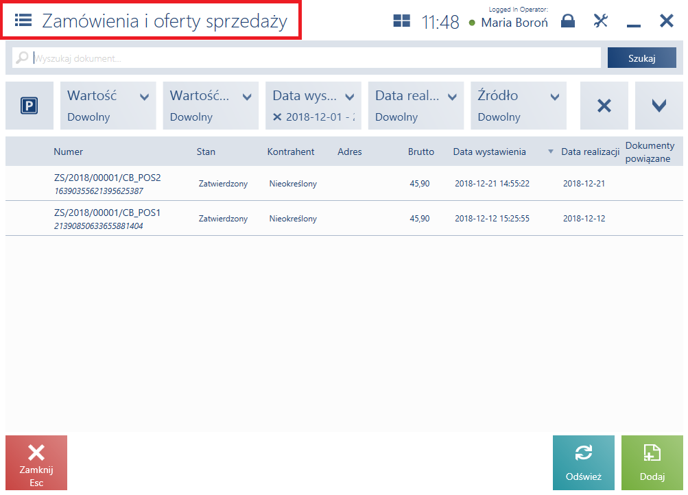 Nazwa okna Zamówienia i oferty sprzedaży