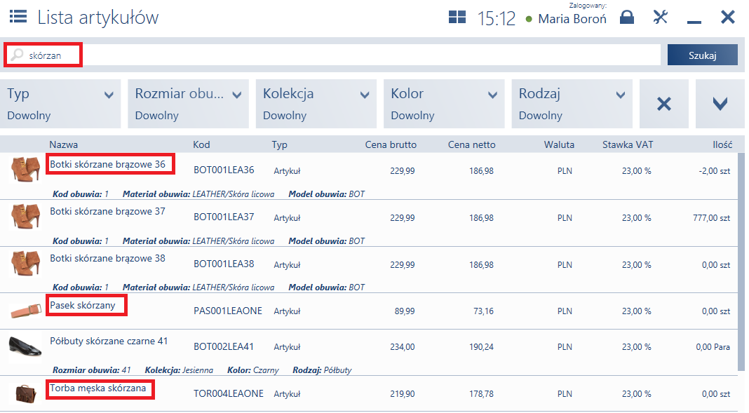 Wyniki wyszukiwania dla wpisanej frazy w filtrze tekstowym