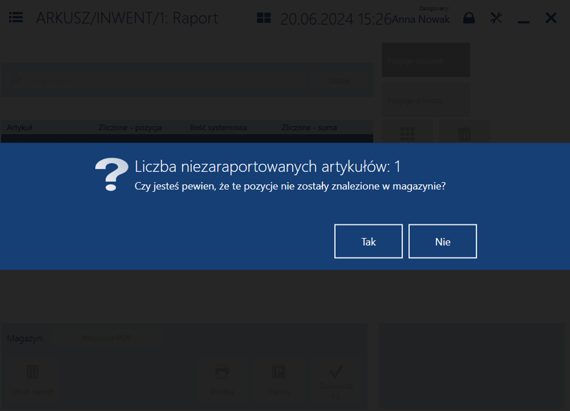 Komunikat pytający o poprawność braków magazynowych artykułu znajdującego się na arkuszu inwentaryzacyjnym