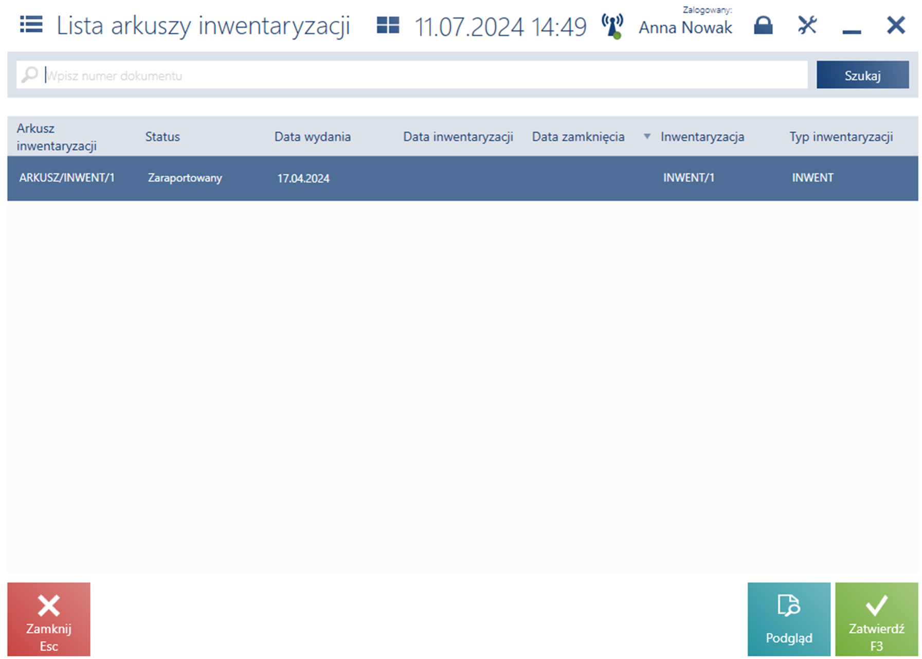 Lista arkuszy inwentaryzacyjnych po wybraniu opcji Wykryte Rozbieżności