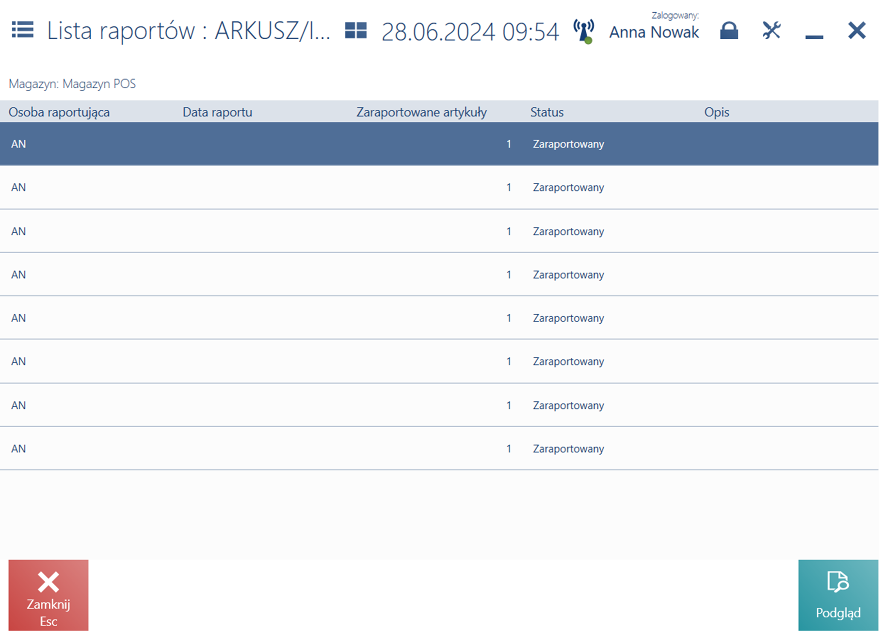 Lista raportów w ramach arkusza inwentaryzacyjnego